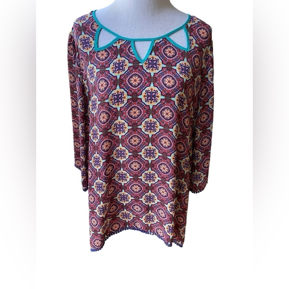 Eyeshadow Multicolor Hi-Low Sheer Chiffon-Like 3/4 Sleeve Tunic Size:XL/2XL